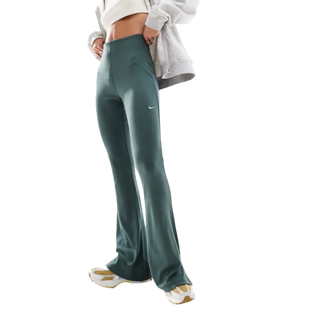 Nike Sportswear Women's Chill Knit Tight Mini-Rib Flared Green Leggings - Medium